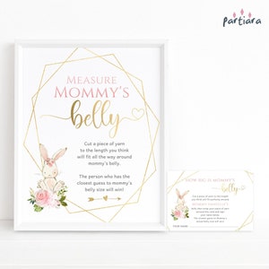 Measure Mommys Belly Bunny Baby Shower Game Sign Template, Girls How Big is Mommas Belly Printable, Pink Floral Decor Editable Download P376