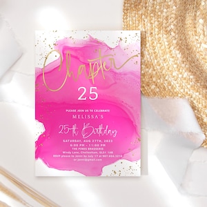 Pode incluir: Convite de aniversário rosa e dourado com fundo de aquarela e o texto "Chapter 25" e "Melissa's 25th Birthday". O convite inclui a data, a hora, o local e as informações de RSVP.
