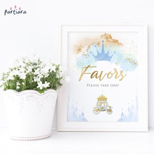 Baby Shower Favors Sign Prince Party Decor Printable, Fairytale Theme Pastel Blue Gold Crown Castle and Carriage Decor, Editable P137