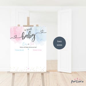 Gender onthullen feestbord, babyshower stemspel poster afdrukbaar, onthullende feestdecoraties, pastelblauw roze rookwolken bewerkbaar P16