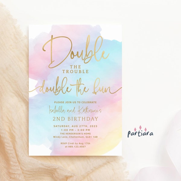 Twins Birthday Invite Rainbow Party Double the Trouble Invitation Printable Pastel Blue Pink Ombre Sky Editable Digital Download P179