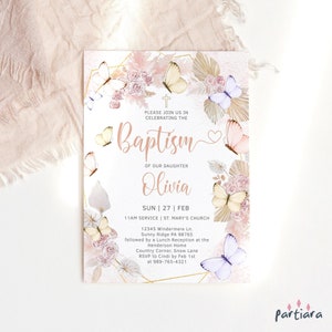 Modello di invito per battesimo Boho da scaricare digitalmente, per bambine, stampabile per la festa congiunta del 1° compleanno con farfalla, biglietto lilla rosa pastello, modificabile P171