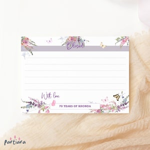 Vlinderwensen en -advies, verjaardagsherinneringen en wensen Notecard afdrukbaar, mijlpaalgebeurtenissen dames, bewerkbaar Wildflower-decor P256
