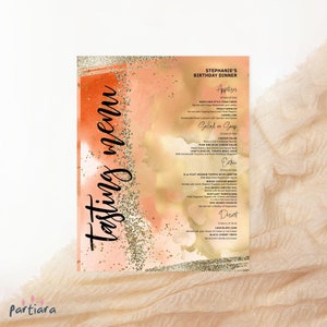 Modèle de menu dégustation, menus de dîner imprimables, signe de menu d'anniversaire, événements estivaux, décoration or orange, téléchargement modifiable P417
