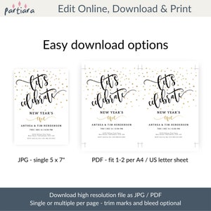 May include: New Year's Eve invitation design with gold confetti and elegant script. The invitation reads "Let's Celebrate" with event details. Available as a single 5x7 inch JPG or PDF for A4/US letter sheets.