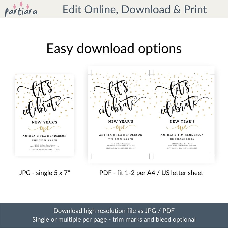 May include: New Year's Eve invitation design with gold confetti and elegant script. The invitation reads "Let's Celebrate" with event details. Available as a single 5x7 inch JPG or PDF for A4/US letter sheets.