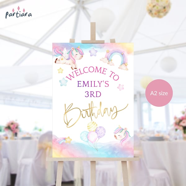 Editable Unicorn 3rd Birthday Welcome Sign Girls Magical Rainbow Unicorns Tea Party Welcome Poster Decor Printable Digital Download P179