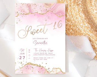 May include: A Sweet 16 invitation with a pink and gold marble design. The text includes "Sweet 16", "Let's Celebrate with Samantha", and event details. The invitation is decorated with gold glitter accents.