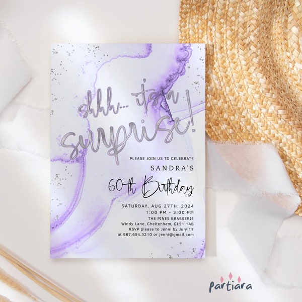 Purple Silver Surprise Invite, Birthday Invitation Printable, Ladies Lavender It's a Surprise Dinner Party Invite Editable Download P300