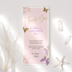 Modèle de carte de cadre Merci papillon, cartes de correspondance de table filles Sweet 16 imprimables, décor papillons lilas roses, modifiable P345