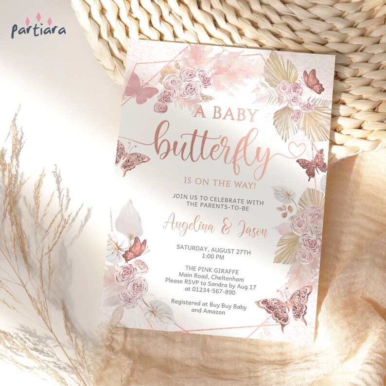 DIY Boho Baby Shower Invitation Butterfly Girl Editable Pampas Grass Party Invites Printable Pastel Baby Sprinkle Invite Download P171 