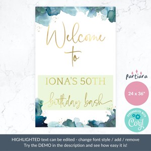 Editable Birthday Welcome Sign Teal Blue Gold Ladies Dinner Party ...