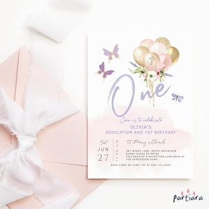 Ein Schmetterling laden 1. Geburtstag Dedikationsvorlage, Boho gemeinsame Party Einladung zum ausdrucken, Pastell rosa lila Blumendekor, bearbeitbar P583