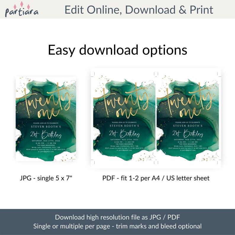 May include: A digital download for a 21st birthday invitation. The invitation features a green and gold watercolor background with the text "Twenty One" in gold script. The invitation is available in JPG and PDF formats.