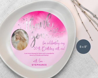 Photo Thank You Plate Charger Card Editable Hot Pink Silver Round Circle Table Decor Printable Ladies Birthday Dinner Party Download P400
