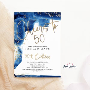 Blaue 50. Geburtstag einladen, Prost auf 50 Jahre Einladung, 50. Hochzeitstag Dinner Party Karte druckbare, bearbeitbare Vorlage P260