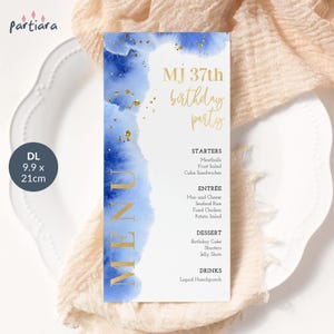 Blue and Gold Menu Template, Birthday Dinner Menus Printable, Royal Blue Events Table Menu Card for Men or Boys, Editable Download P260