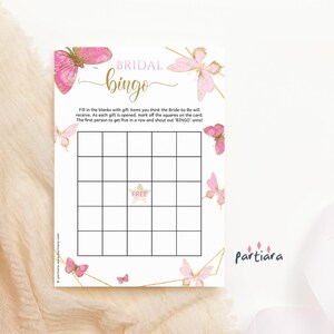 Butterfly Bridal Bingo Game Template, Pink Butterflies Notecard Printable, Editable Digital Download P144