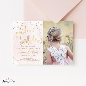 Modelo de convite para 1º aniversário dourado, cartão de convite para festa dourada para meninas para impressão, decoração rosa pastel editável, download digital P249