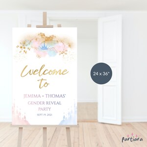Castle Welcome Sign, Baby Shower Party Poster Printable, Prince Princess Gender Reveal Welcome Board Pastel Pink Blue Editable Download P137
