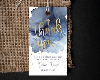 Etichette per bomboniere per la Prima Comunione: modello modificabile per etichetta regalo di ringraziamento per il battesimo dei bambini in blu navy, decorazioni in bianco e oro, download digitale stampabile P239