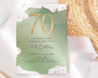 Invitation 70e anniversaire déco vert et or imprimable, dames de l'âge de 70 ans, dîner surprise, invitation en téléchargement numérique modifiable P629