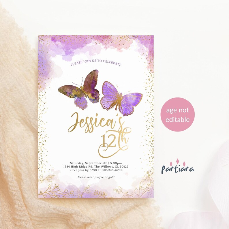 Purple Gold 12th Birthday Invite Butterfly Party Invitations Girls Lilac Brunch Pamper Invites Printable Editable Digital
