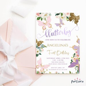 Butterfly Birthday Invitation, 1st Birthday Invite Girls, Enchanted Butterfly Garden Party Card Printable, Editable Pink Purple Floral P328