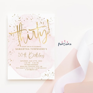 Digitale 30. Geburtstagseinladung, Rosa 30. Brunch-Einladungsvorlage, Pastell Blush Gold Dinner Party Decor Printable, Bearbeitbarer Download P249