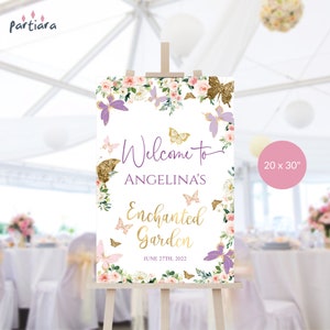 Enchanted Garden Party Welcome Sign Printable Girl's 1st Birthday Welcome Poster Editable Baby Shower Floral Butterfly Decor P328 P6