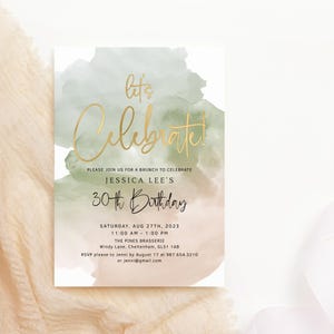 Saliegroen verjaardagsuitnodiging sjabloon, laten we vieren feest uitnodiging afdrukbare, elegante minimalistische uitnodigingen, bewerkbare digitale download P731