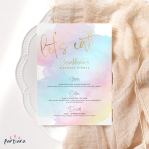 Carte de menu pastel arc-en-ciel modèle 1er anniversaire de la fille, baptême, baptême ou baby shower menus imprimable téléchargement numérique P179