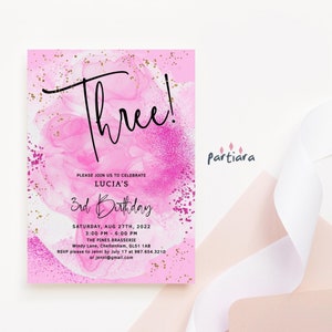 Joli modèle rose d'Invitation pour le 3e anniversaire, invitation de fête de princesse pour filles, imprimable, tons roses chauds et pastel, téléchargement modifiable P523
