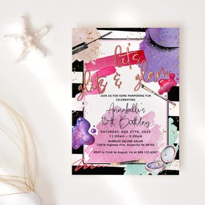 Glitz und Glam Make-up Party Einladung, Jugendliche Geburtstag Spa Party einladen bearbeitbare Vorlage, rosa lila 13. Lädt Karte druckbare P813 ein