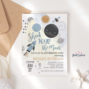 Shoot Four the Moon 4. Geburtstagseinladung Junge Weltraumparty lädt ein, Sonne-Mond-Sterne-Thema einladen bearbeitbare Vorlage druckbare P166