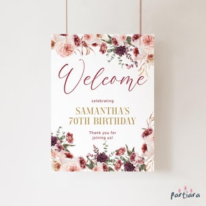 Floral Birthday Welcome Sign Printable, Ladies Pink Purple Dinner Party Poster Decor Editable Digital Download 18x24 Template P173