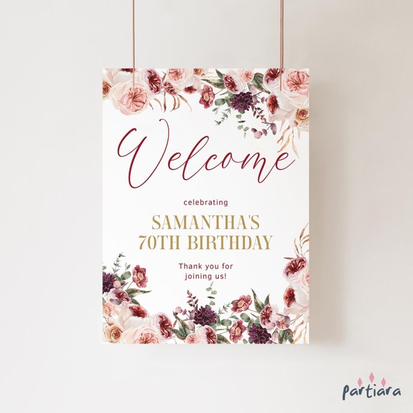 Rustic Fall Floral Birthday Welcome Sign Printable Ladies 70th Party Welcome Poster Editable Template Blush Pink Purple Red Decor P173