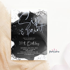 Paint and Sip Invitation, Birthday Sip and Paint Party Invite Template, Girls Black and Silver Invites Printable, Editable Download P246