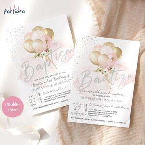 Modelo de Batismo de Menina em Espanhol, Convite para Festa Conjunta de 1º Aniversário para Imprimir, Decoração de Balões Rosa Dourados, Download Digital Editável P344