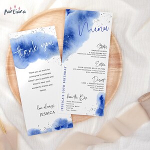 Bedankkaartsjabloon verjaardagsfeestje, bedankt voor je deelname Menukaarten afdrukbaar, koningsblauw tafeldecor, bewerkbare digitale download P237