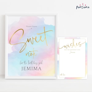 Dulces deseos para la cumpleañera, letreros y notas con deseos y consejos, decoración de arcoíris dorado pastel imprimible, descarga digital editable P179