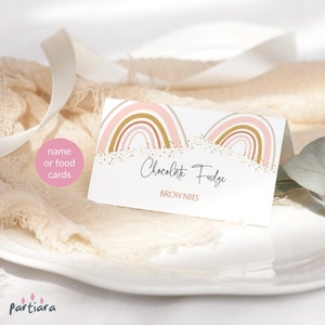Modèle de carte de visite Boho arc-en-ciel, cartes de visite pour baby shower imprimables, étiquette de tentes de Table de nourriture rose fête d'anniversaire, téléchargement modifiable P136