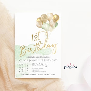 Modèle d'invitation de ballons pour 1er anniversaire, première invitation de fête pour garçons imprimable, déco or vert sauge, carte de téléchargement numérique modifiable P232