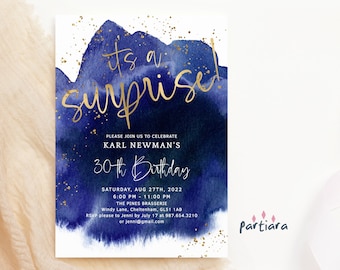 Birthday Surprise Party Invites for Men or Ladies, Editable Indigo Navy Blue and Gold Decor Corjl Template, DIY Printable Download P132