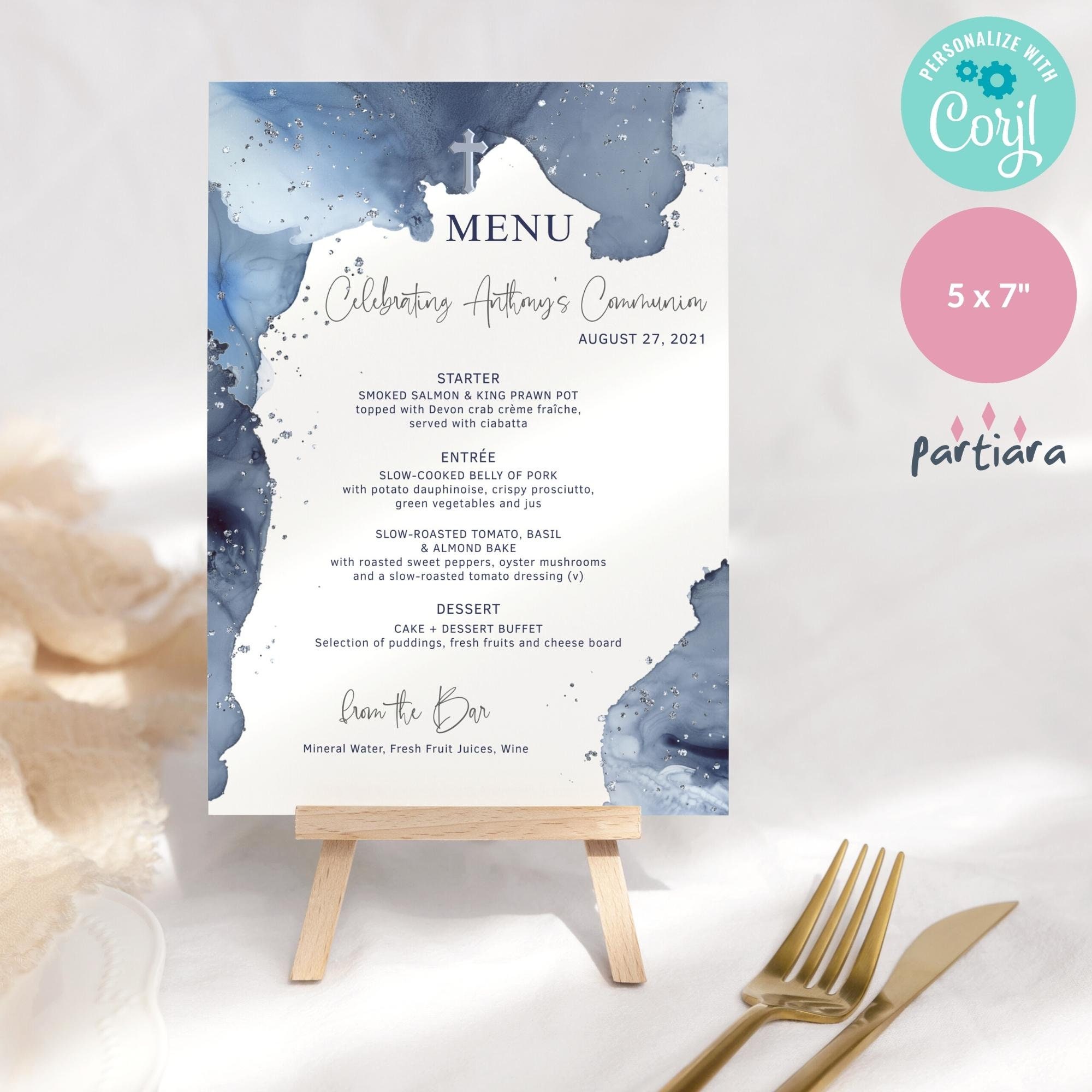 Boy Baptism Party Menu Card Printable Navy Blue Silver 1st Etsy