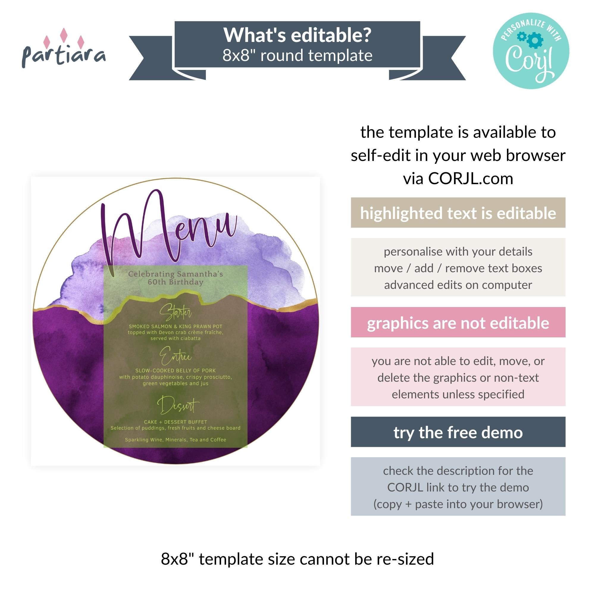 Editable Plate Charger Menu Card Template Purple Gold Ladies Etsy