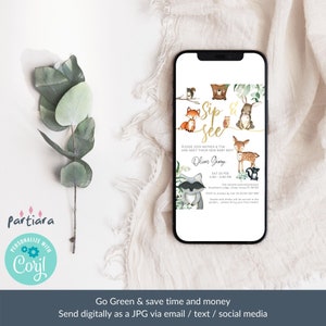 May include: A digital invitation for a baby shower with a woodland theme. The invitation features a gold and white "Sip & See" text with a variety of woodland animals, including a fox, bear, owl, rabbit, deer, raccoon, and a squirrel. The invitation includes the baby's name, Oliver George, the date and time of the shower, and the location. The invitation also includes an RSVP number.