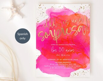Spanish Surprise Birthday Invitation Printable, Hot Pink Orange Ladies Party Invite, Editable Digital Download Temple P200