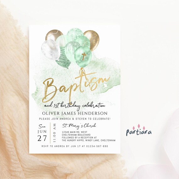 Mint Gold Baptism Invitations Boy Pastel Green 1st Birthday Etsy UK