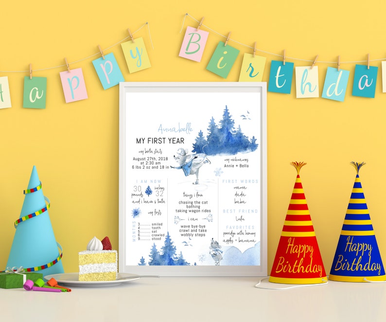 Boy or Girl/'s Milestone Poster Board Printable Editable Winter 1st Birthday Party Milestone Sign Blue and White Forest Landscape with Mice